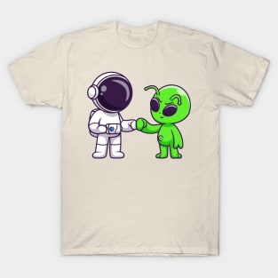 Astronaut With Cute Alien High Fives Cartoon T-Shirt